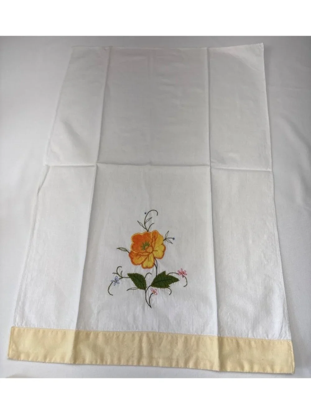 Embroidered Floral White Cotton Dish Towel Yellow Edge 20
